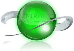 Esfera verde brillante con cintas grises envolventes y texto "ICETRONIC" en el fondo.