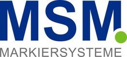 Logo mit blauem Text "MSM" und darunter "MARKIERSYSTEME", grüner Punkt rechts von "M".