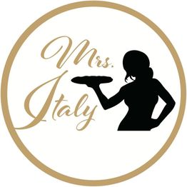 Silhouet van vrouw met pizza en tekst "Mrs. Italy" in goudkleurige cirkel.