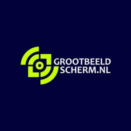 Logo van Grootbeeldscherm.nl met groene iconen op een donkere achtergrond.