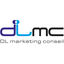 Logo DLMC avec texte "DL marketing conseil" en noir, et "dlmc" en dégradé bleu et violet.