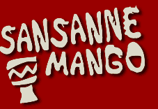 Text "Sansanne Mango" auf rotem Hintergrund mit Trommelgrafik.