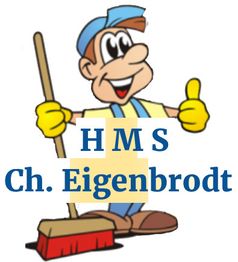 Zeichentrickfigur mit Besen und Schild "HMS Ch. Eigenbrodt", zeigt Daumen hoch.