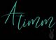 "Elegant script text 'Atimm' in teal on a black background with a hand peace sign."