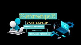 Illustration de services informatiques avec logo, numéro de téléphone et prestations diverses.