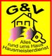 "G&V-Logo, Haus-Symbol und Pinsel, Text: Alles rund ums Haus, Hausmeisterdienst."