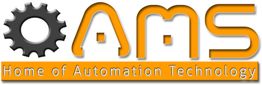 Logo mit Zahnrad und AMS-Schriftzug, darunter: Home of Automation Technology.