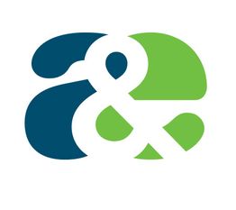 Blauw en groen gestileerd symbool gevormd als een "&" teken.