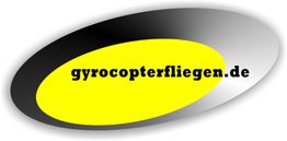 Gelbes Oval mit schwarzem Rand, Text: "gyrocopterfliegen.de" in schwarzer Schrift.
