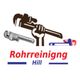 Logo mit Händen, die Rohrzangen halten, Text "Rohrreinigung Hill" in Rot und Blau darunter.