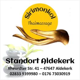 Sirimongkol Thaimassage Logo mit goldener Hand, Standort Aldekerk und Kontaktinfos.