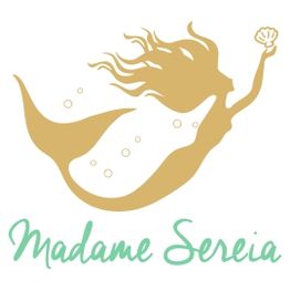 Sereia dourada com concha e texto "Madame Sereia" em verde.
