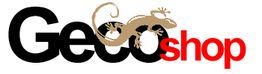 Logo con scritta "Geoshop" e figura di geco marrone su lettere nere.