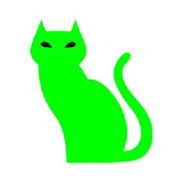 Green silhouette of a cat with pointy ears and black eyes on a white background.