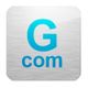 Blaues "G.com"-Logo auf silbernem Hintergrund, quadratische Form mit abgerundeten Ecken.