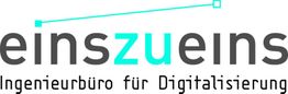 Logo: "einszueins" in Schwarz und Türkis, mit Text "Ingenieurbüro für Digitalisierung".