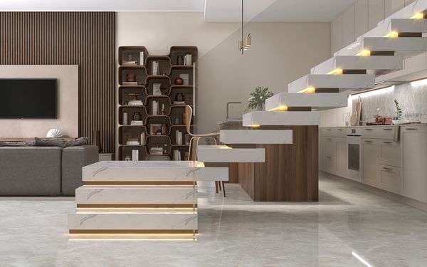 L-förmige schwebende Kragarmtreppe aus weißem Marmor und LED-Streifenlicht unter der Treppe, in einem modernen Ambiente.