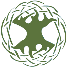 Grünes Baum-Symbol, umgeben von einem Kreis aus stilisierten Zweigen und Blättern.