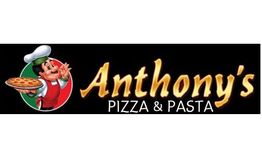 Chef holding pizza, "Anthony's Pizza & Pasta" logo on black background.