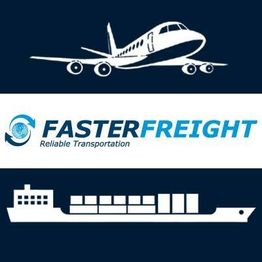 Plane and cargo ship icons above and below "FASTER FREIGHT: Reliable Transportation" text.