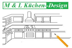Strichzeichnung einer Küche mit "M & L Küchen-Design", Bleistift rechts.