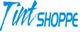 "Logo with blue text 'Tint Shoppe' in a stylized font on a white background."