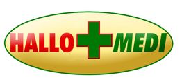 Logo: "HALLO MEDI" in rot und grün mit einem roten Kreuz in der Mitte auf gelbem Oval.