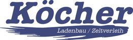 "Köcher-Logo in Blau mit Schriftzug 'Ladenbau/Zeltverleih' darunter."