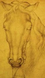 Zeichnung eines Pferdekopfes mit Zügeln, Detailreich und in Sepiatönen gestaltet.