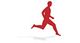 Rote Silhouette einer laufenden Person auf weißem Hintergrund.