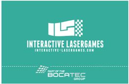 Logo "Interactive Lasergames" auf grünem Hintergrund, Teil der Bocatec Group.