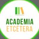 Logo de Academia Etcétera con libros verdes y naranja en un círculo verde y gris.