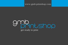 Gmb Printshop-Logo auf grauem Hintergrund mit Slogan „get ready to print“. Webseite oben.