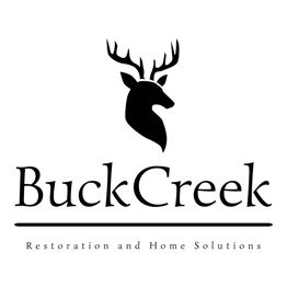 Silhouette of a deer head above "BuckCreek" and "Restoration and Home Solutions" text.