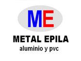 Logo de Metal Epila: "ME" en óvalo gris, texto "aluminio y pvc" debajo.