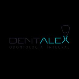 Logotipo de Dentalex Odontología Integral, con texto en negro y azul sobre fondo negro.