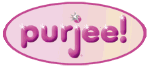 Rundes Logo mit dem Wort "purjee!" in rosa, glänzender Schrift und einem kleinen Marienkäfer.