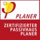 Logo: Zertifizierter Passivhaus Planer mit stilisiertem P-Symbol auf rotem Hintergrund.