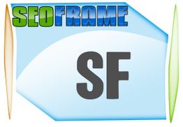 Texto "SEOFRAME" y "SF" en fondo azul con bordes verdes y marrones.