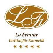 Logo von "La Femme Institut für Kosmetik" mit fünf Sternen, goldfarbenes Emblem "Lf" oben.