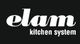 Logo "elam kitchen system" su sfondo nero.