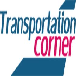 "Logo reading 'Transportation corner' in blue and pink text with geometric shapes."