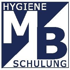 Logo mit blauem und weißem Design, Text: "Hygiene MB Schulung".