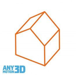 Orange 3D-Haus-Umriss, unten links blauer Schriftzug "ANY MOTION 3D".