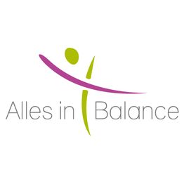 Logo mit dem Text "Alles in Balance" und abstrakter Figur in Lila und Grün.