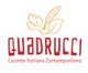 Logotipo do Quadrucci com folhas acima e texto: "Cozinha Italiana Contemporânea" em vermelho.