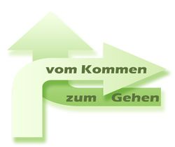 Grüne Pfeile mit den Worten "vom Kommen zum Gehen" in leichtem 3D-Effekt.