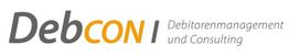 Logo der Firma DebCON: Debitorenmanagement und Consulting, Text mit grauen und orangen Buchstaben.