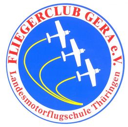 Logo des Fliegerclub Gera e.V. mit drei stilisierten Flugzeugen in Formation auf blauem Hintergrund.