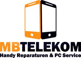 Zwei stilisierte Smartphones mit "MB Telekom", Handy-Reparaturen und PC-Service-Text daneben.
